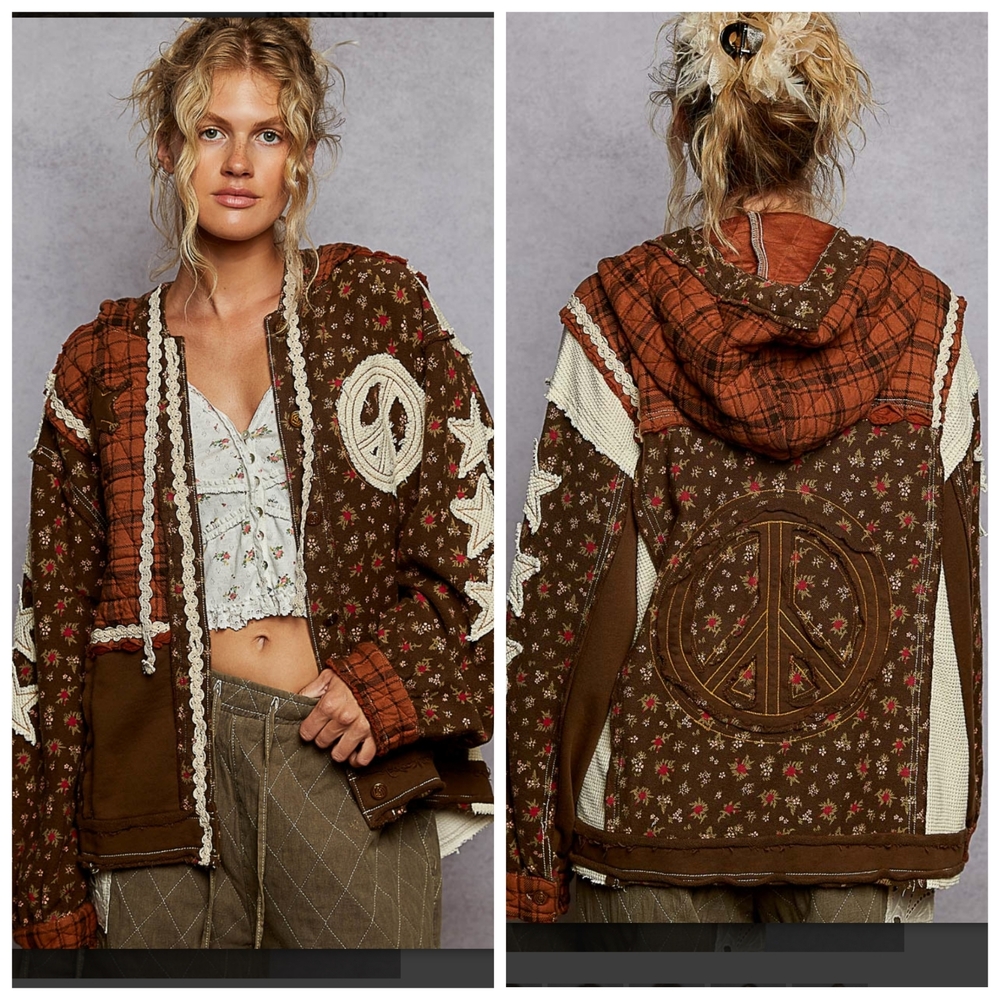 Pol Star & Peace Sign Patchwork Hoodie Jacket - image 1